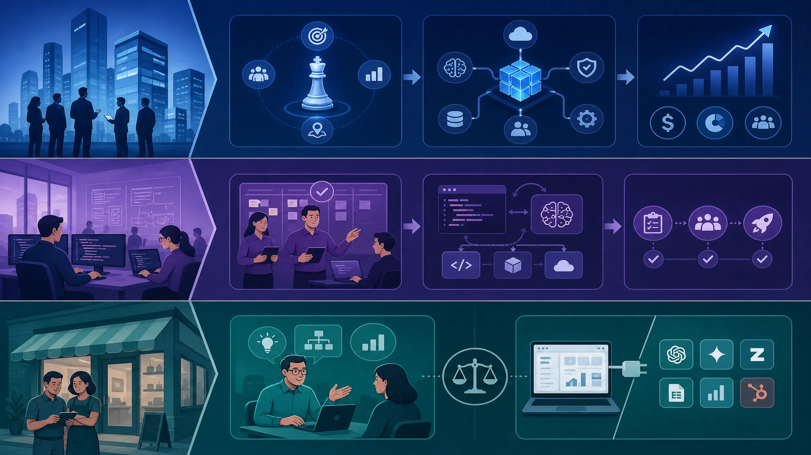 Infographic showing tiers of AI consulting firms: Enterprise, Mid-market, Small-business.