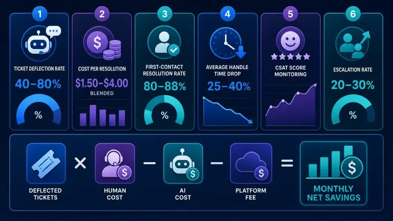 Infographic displaying AI customer service ROI KPIs and savings formula