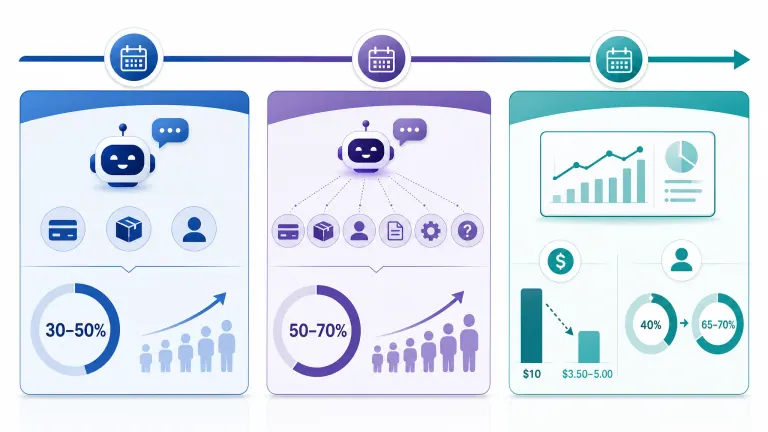 Six-month implementation timeline with deflection and cost metrics