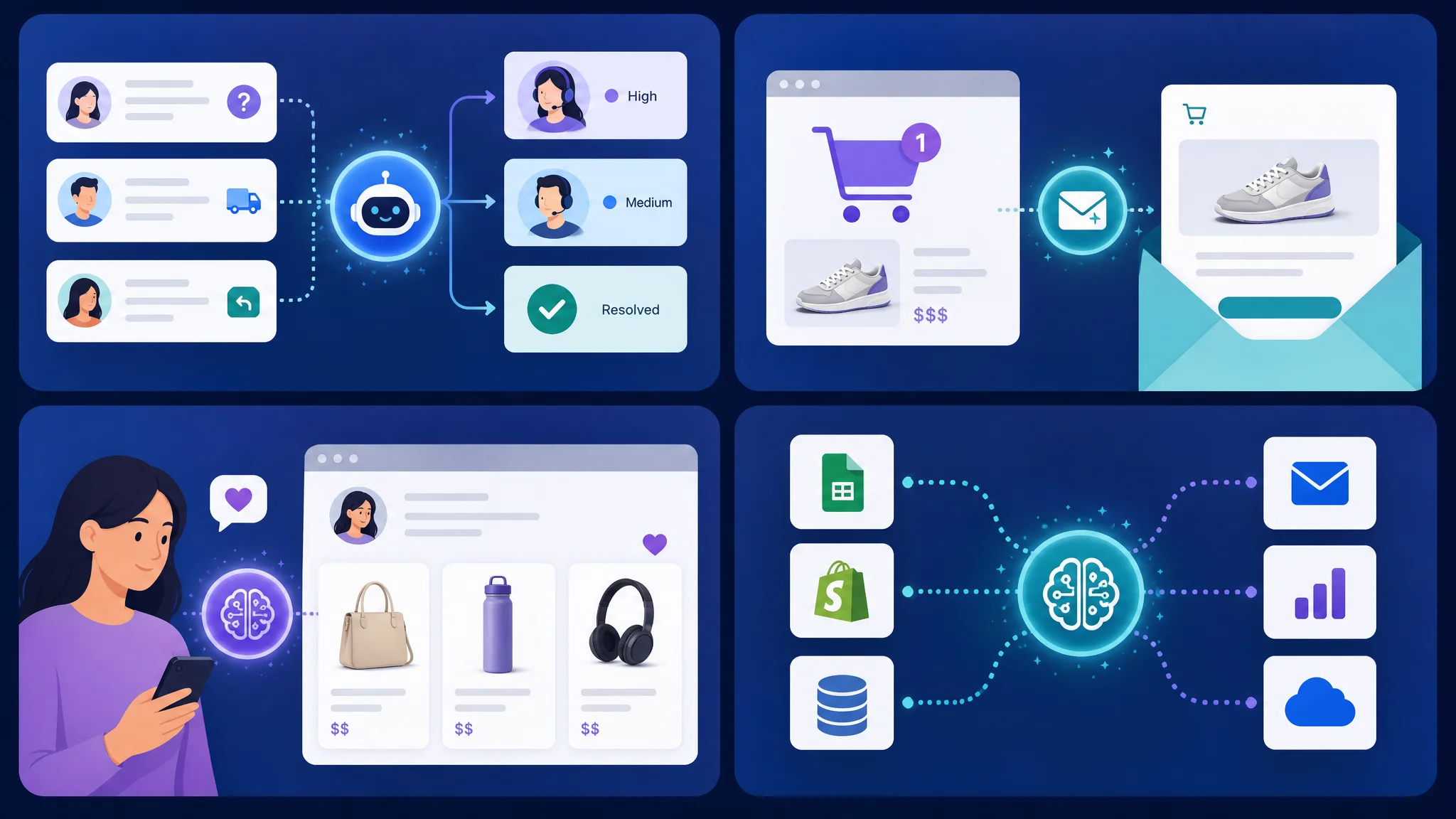 Infographic showing four AI use cases for e-commerce success.