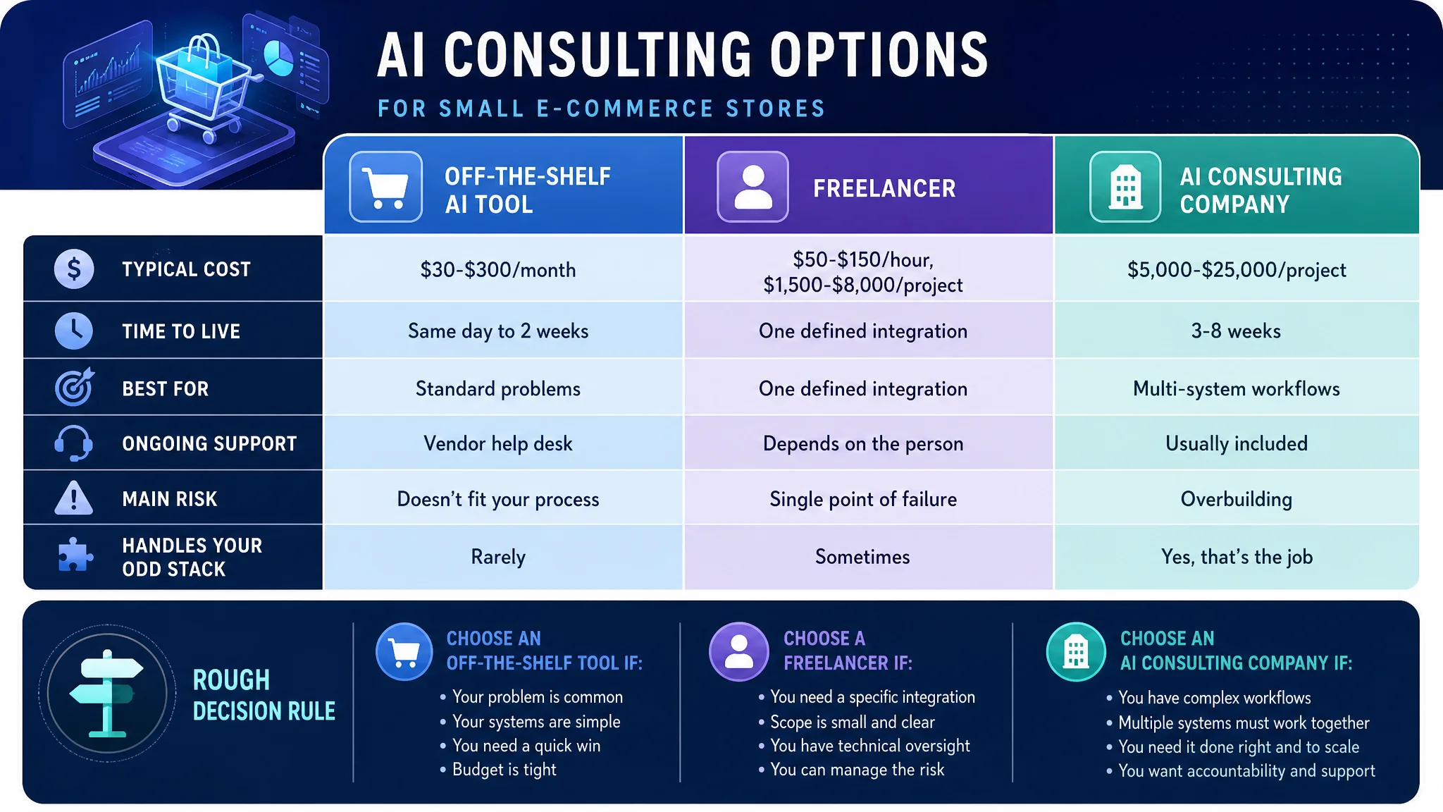 Infographic comparing AI consulting options for e-commerce stores