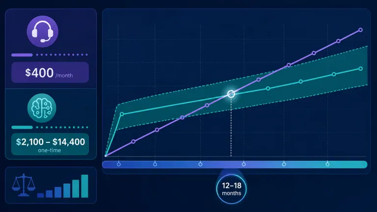 Line chart showing cumulative cost of subscription answering service versus built AI system crossing over around month 12