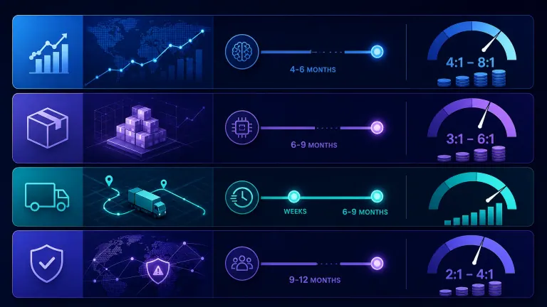 Infographic showing supply chain AI ROI timelines and use cases