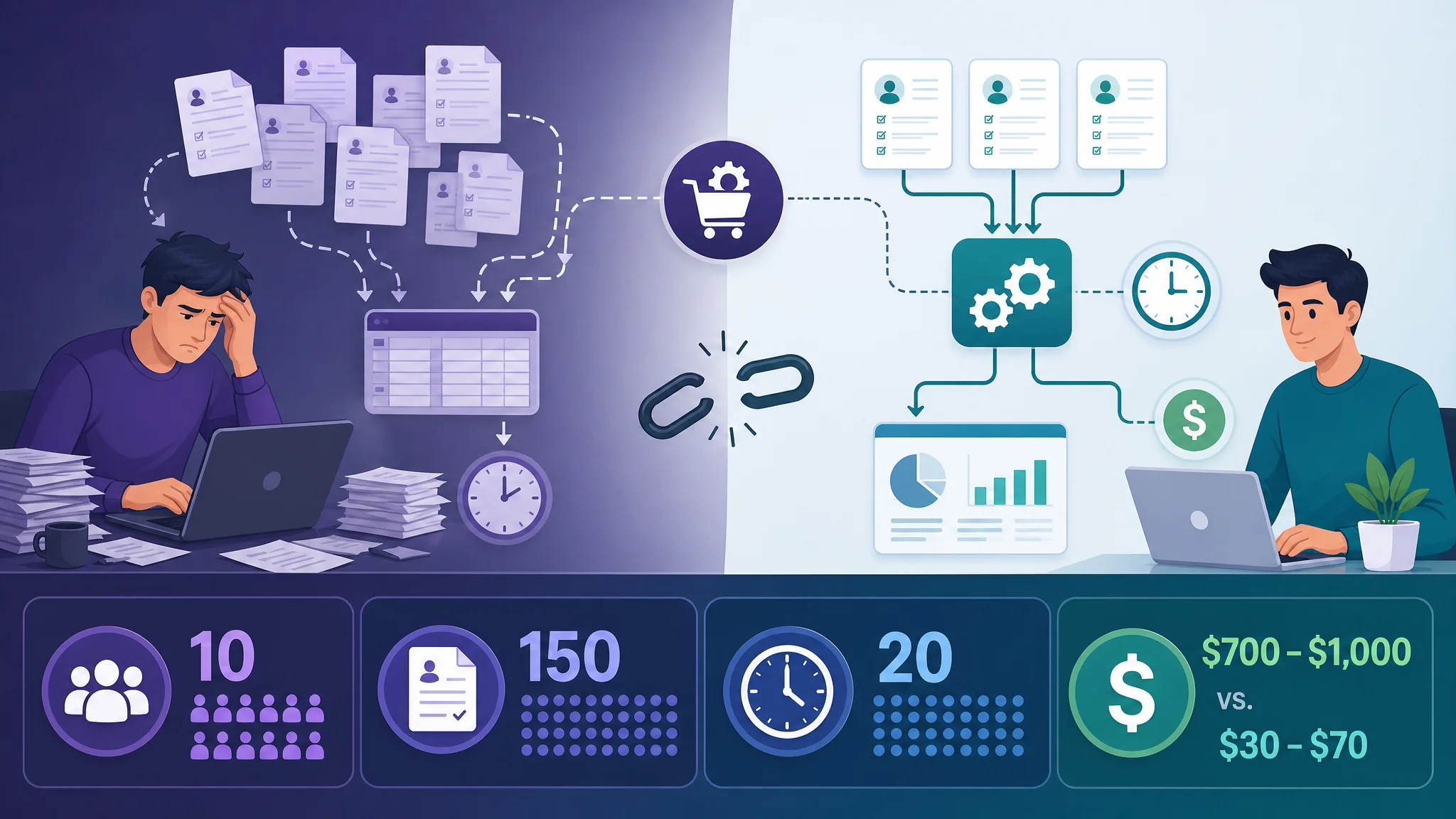Infographic illustrating cost savings and time spent on automation tools.