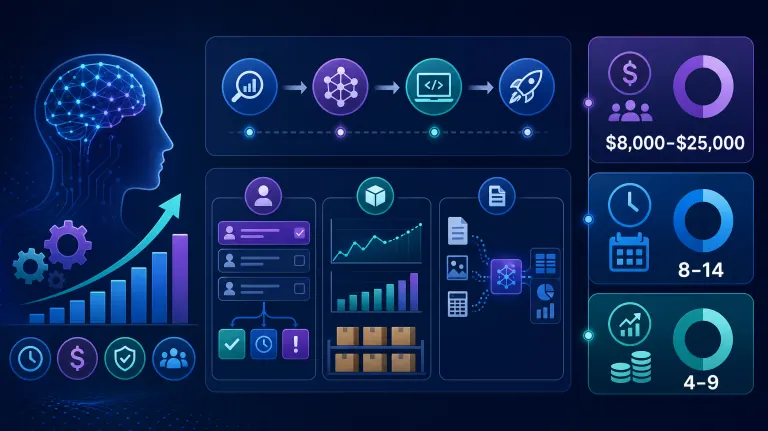 Infographic showing costs, timeline, and benefits of machine learning consulting services.