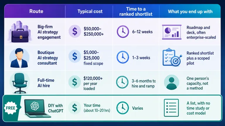 Infographic comparing AI consulting routes, costs, and outcomes