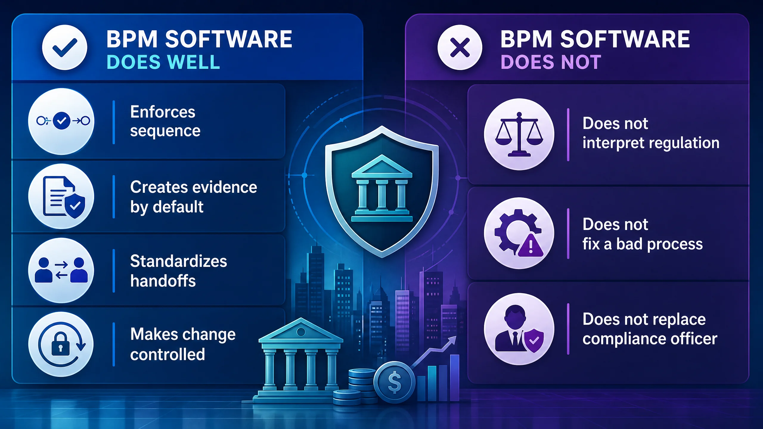 Infographic comparing BPM software capabilities and limitations in financial services