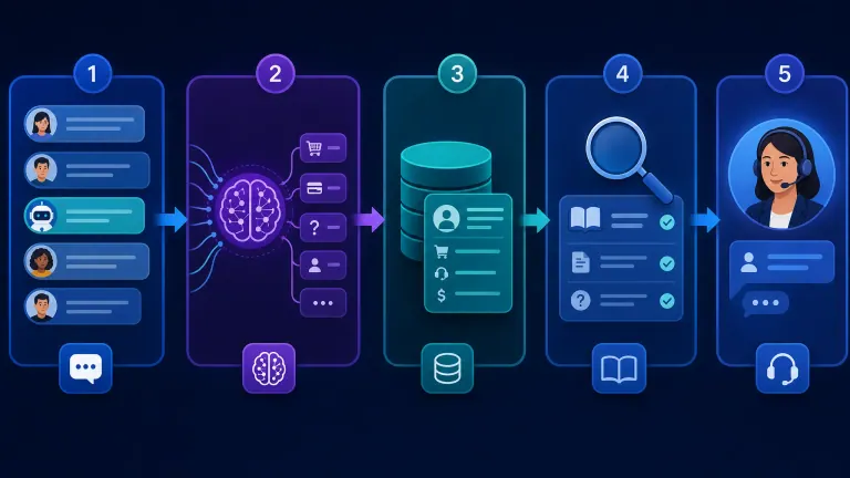 Illustration of a customer service workflow with intent detection and routing.