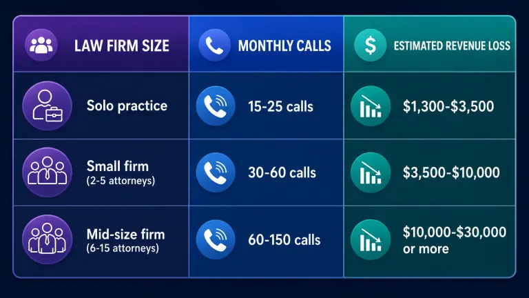 Table comparing estimated monthly revenue loss by law firm size and call volume