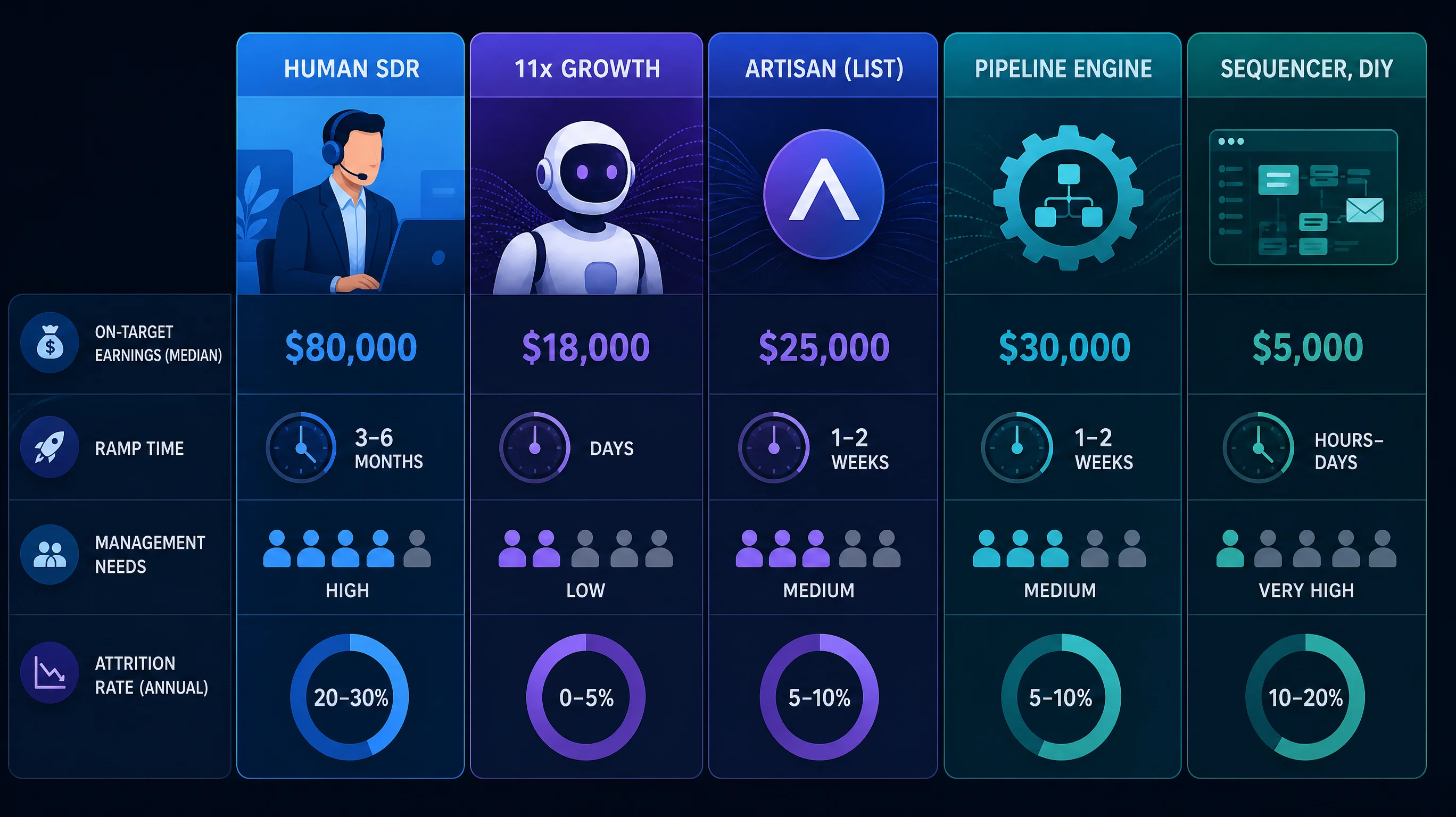 Comparison of Human SDR costs vs AI SDR solutions with key metrics