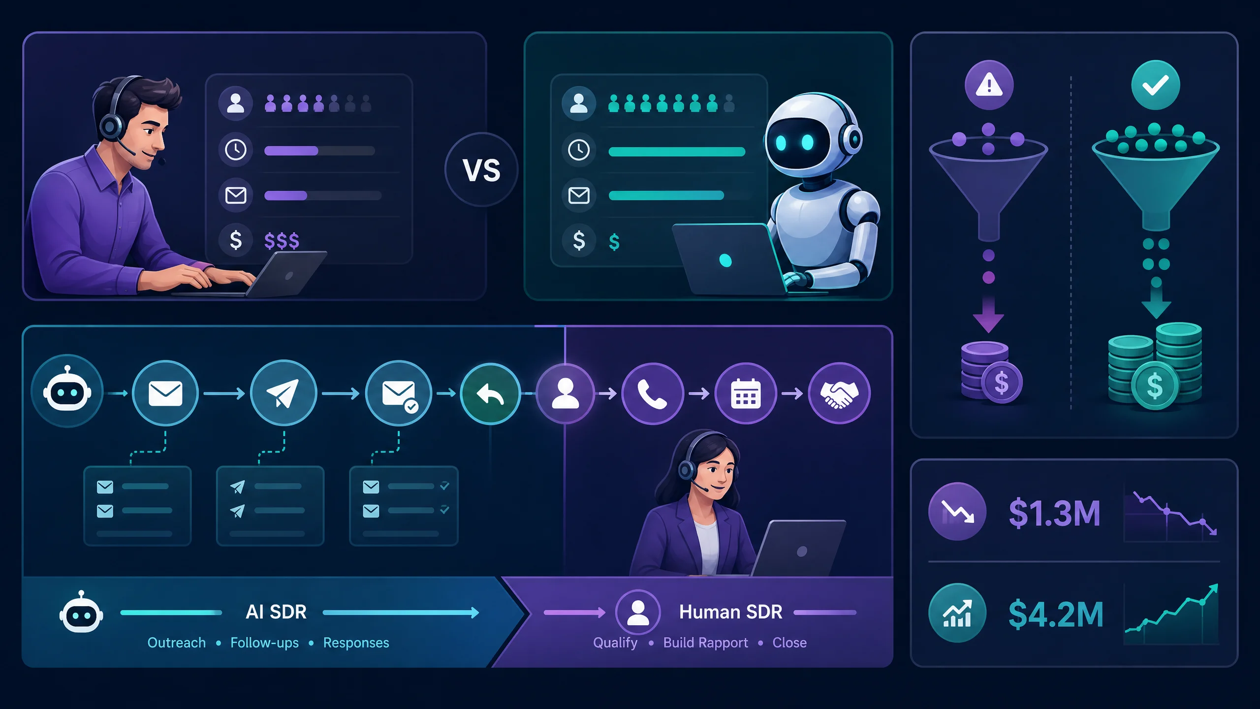 flowchart comparing AI SDRs and human SDRs in sales processes