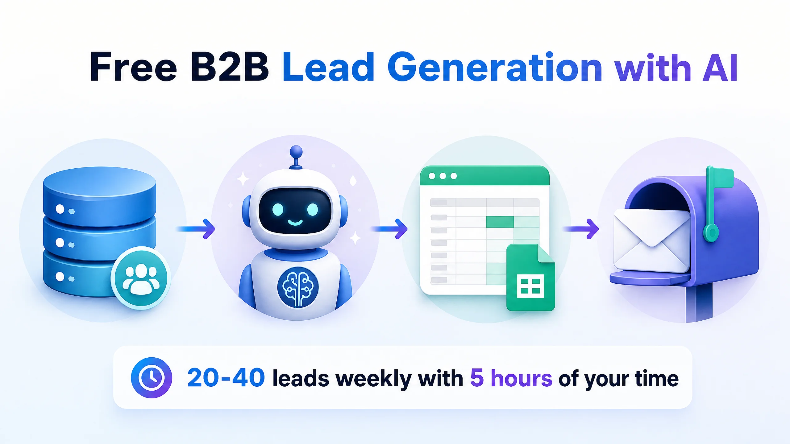 Workflow infographic showing tools for free B2B lead generation with AI