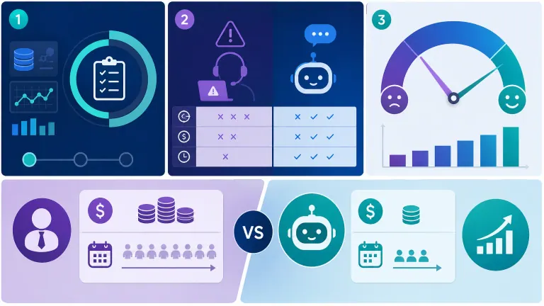 Infographic illustrating ROI mistakes and cost comparison of AI vs human support