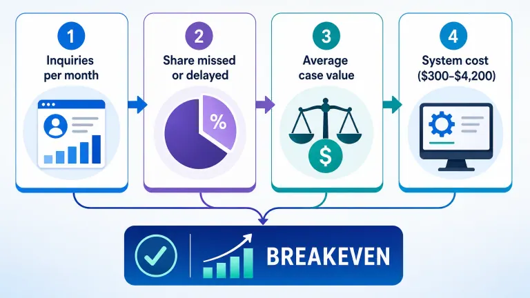 Infographic showing the four-step breakeven calculation for legal intake automation