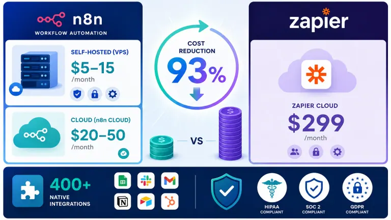Cost comparison infographic between n8n and Zapier automation solutions