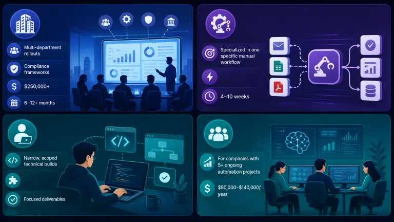 Infographic detailing 4 AI consulting company types with costs and timelines.