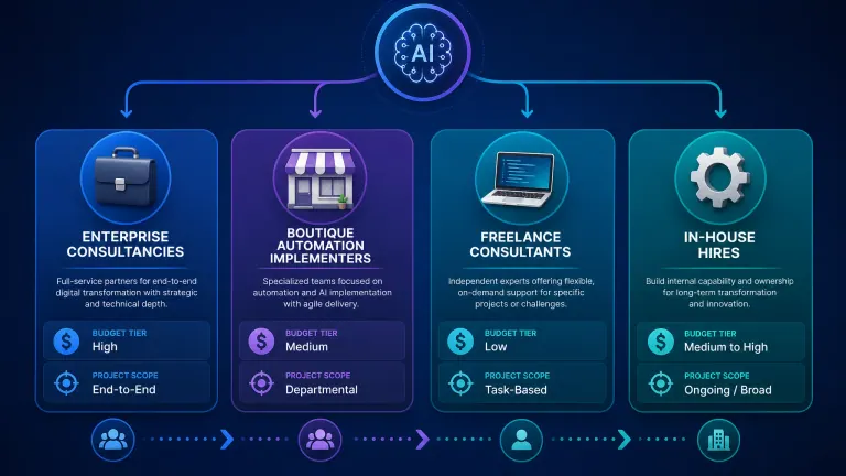 Infographic categorizing AI consulting companies by type and budget