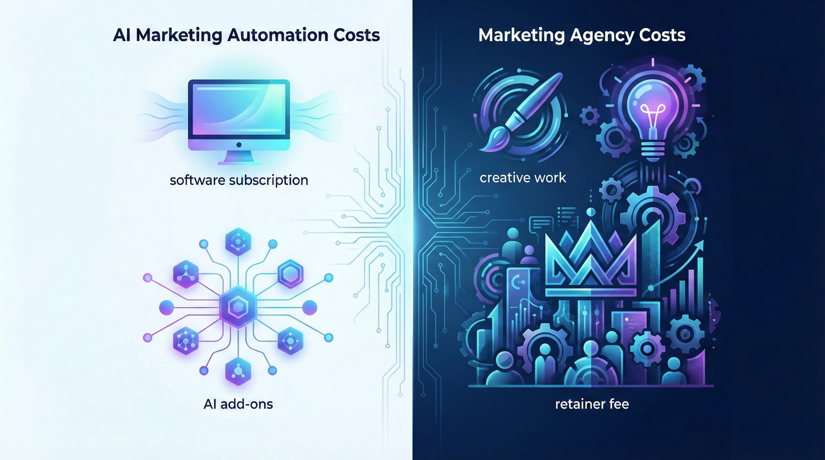 Cost comparison chart showing AI automation vs agency expenses over 12 months with breakeven analysis