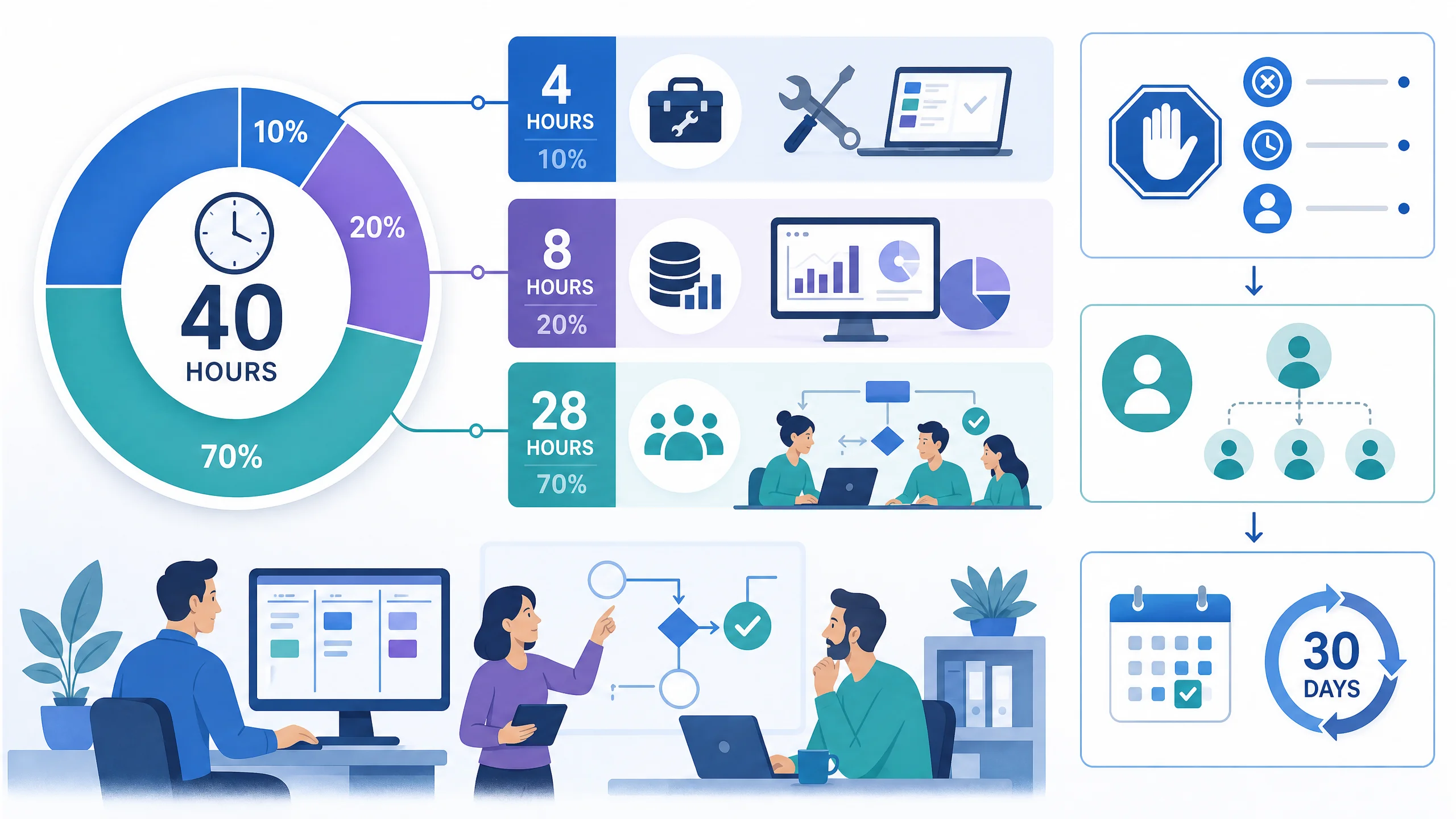 infographic showing 10/20/70 Rule implementation steps in a company