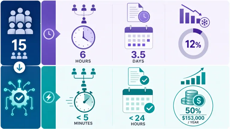 Infographic comparing lead routing and quote approval times before and after automation
