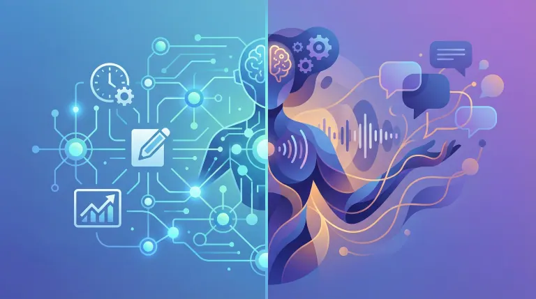 A split image showing an AI interface and a human manager